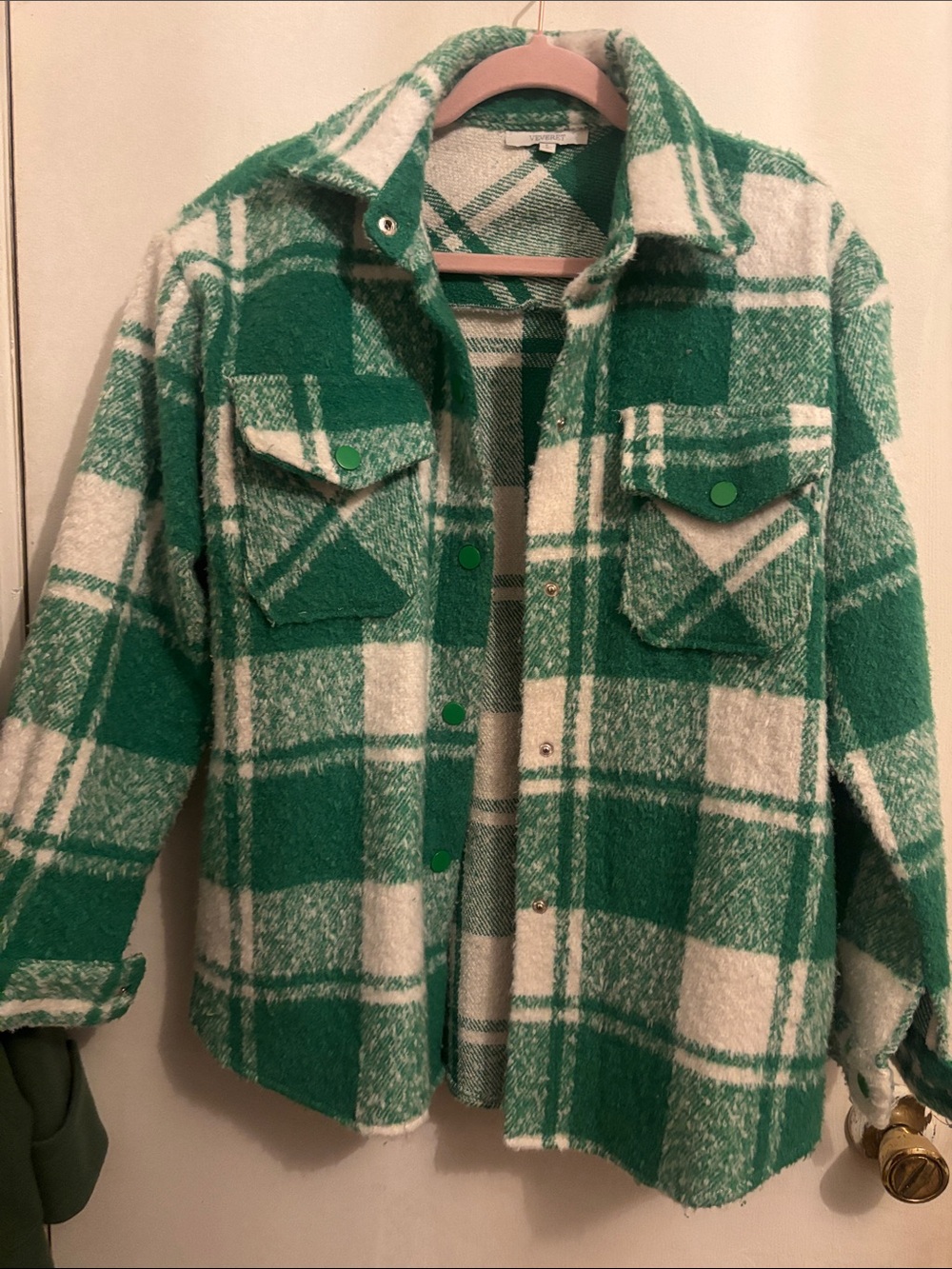 Green and White Plaid Shacket Jacket - Women